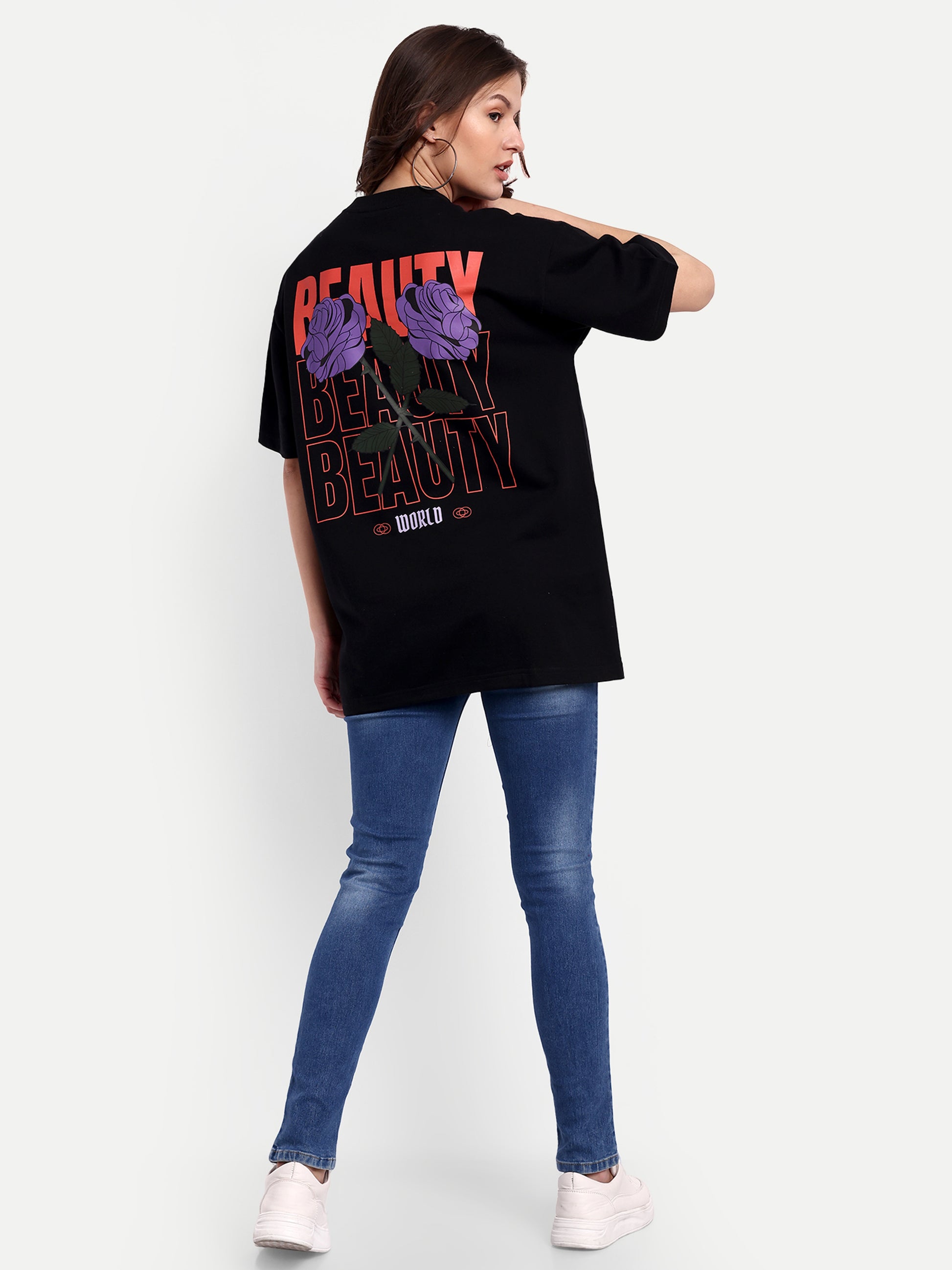 Beauty Purple Rose Black Oversized T-shirt