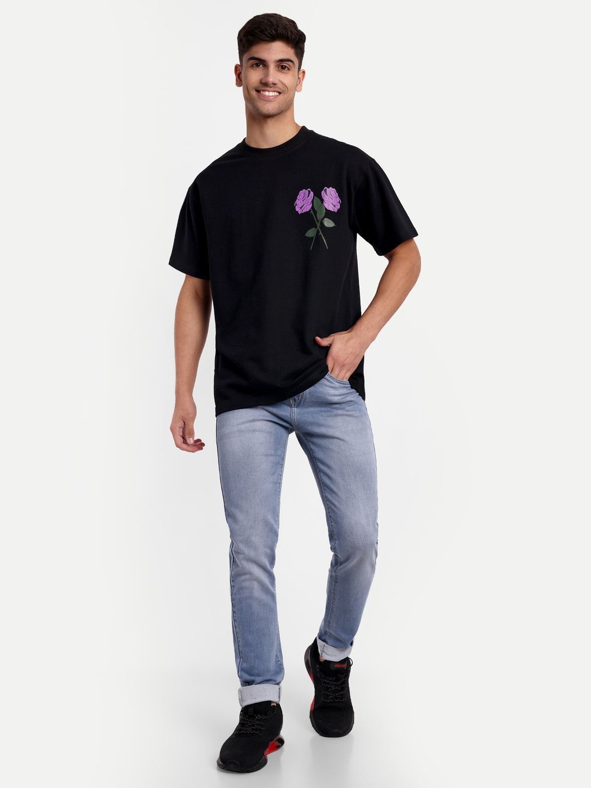 Beauty Purple Rose Black Oversized T-shirt