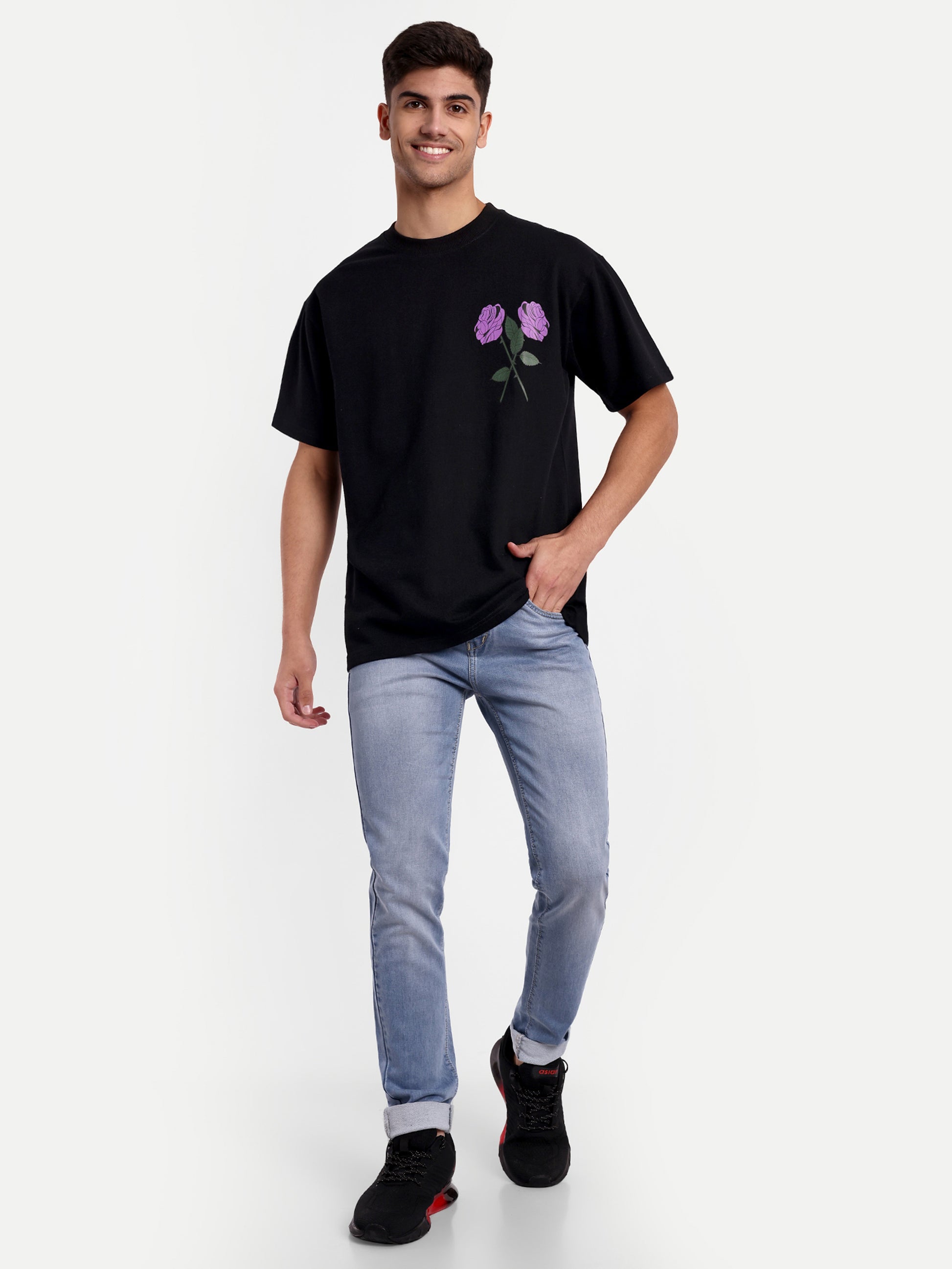 Beauty Purple Rose Black Oversized T-shirt
