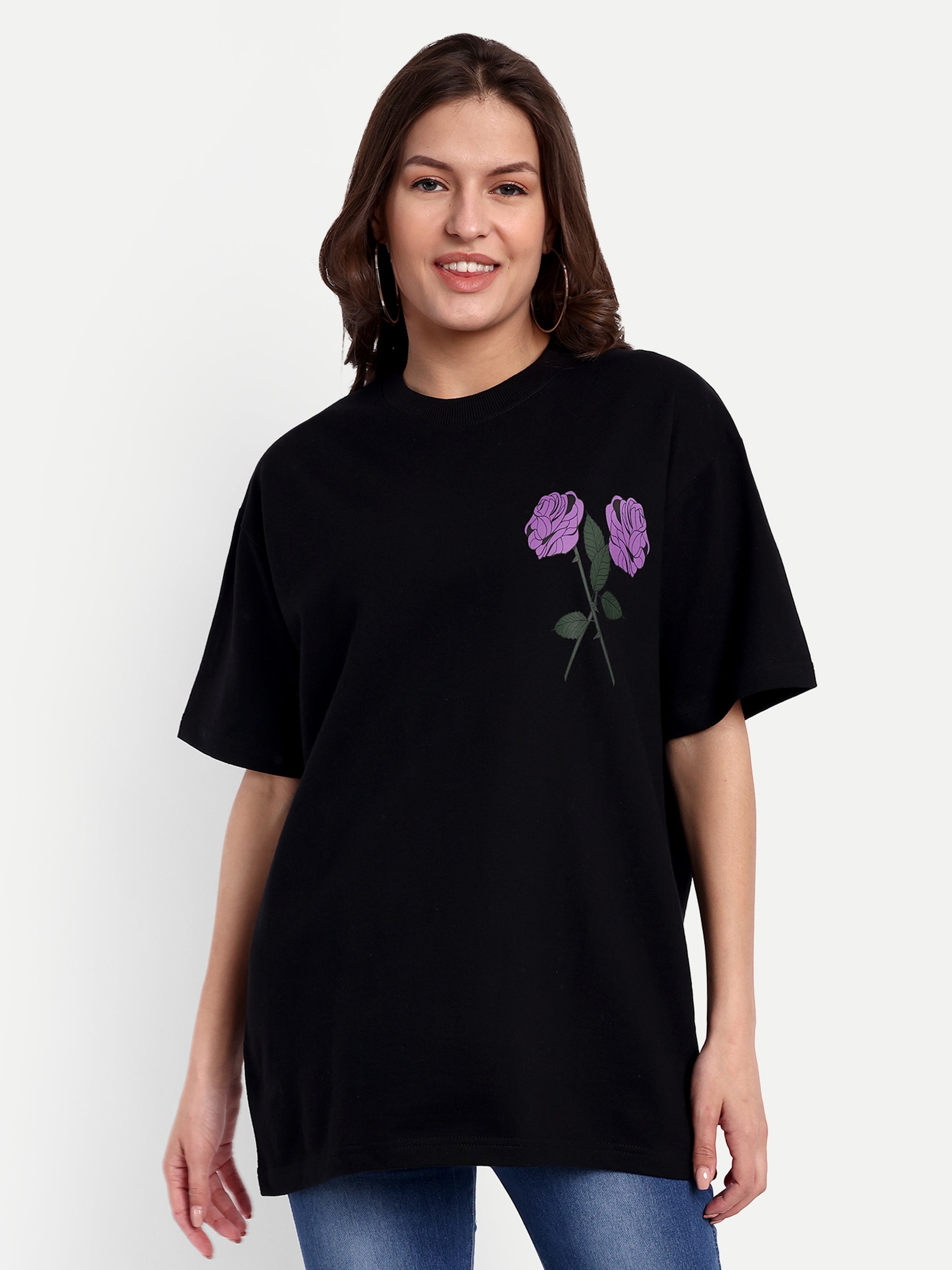 Beauty Purple Rose Black Oversized T-shirt