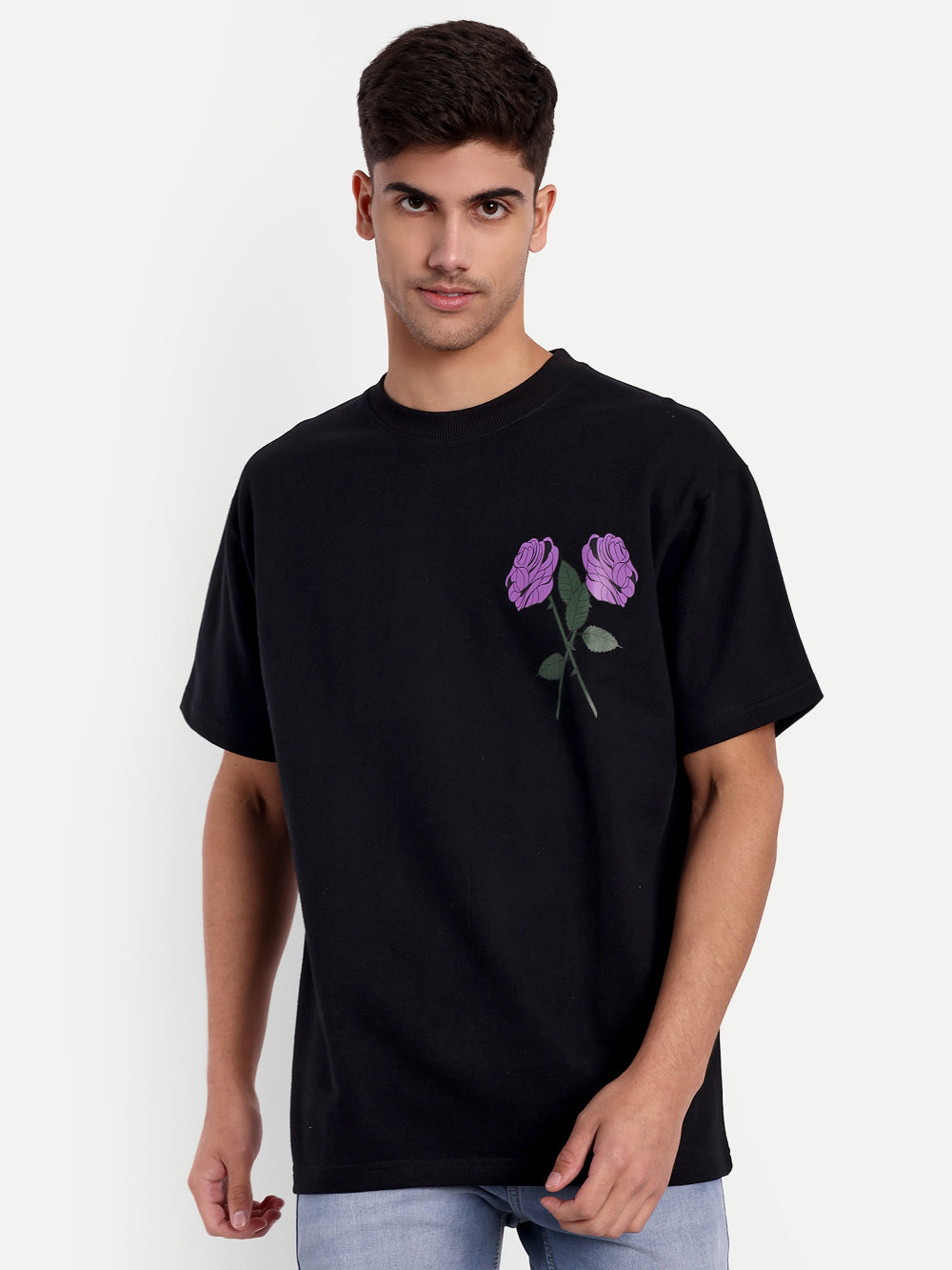 Beauty Purple Rose Black Oversized T-shirt
