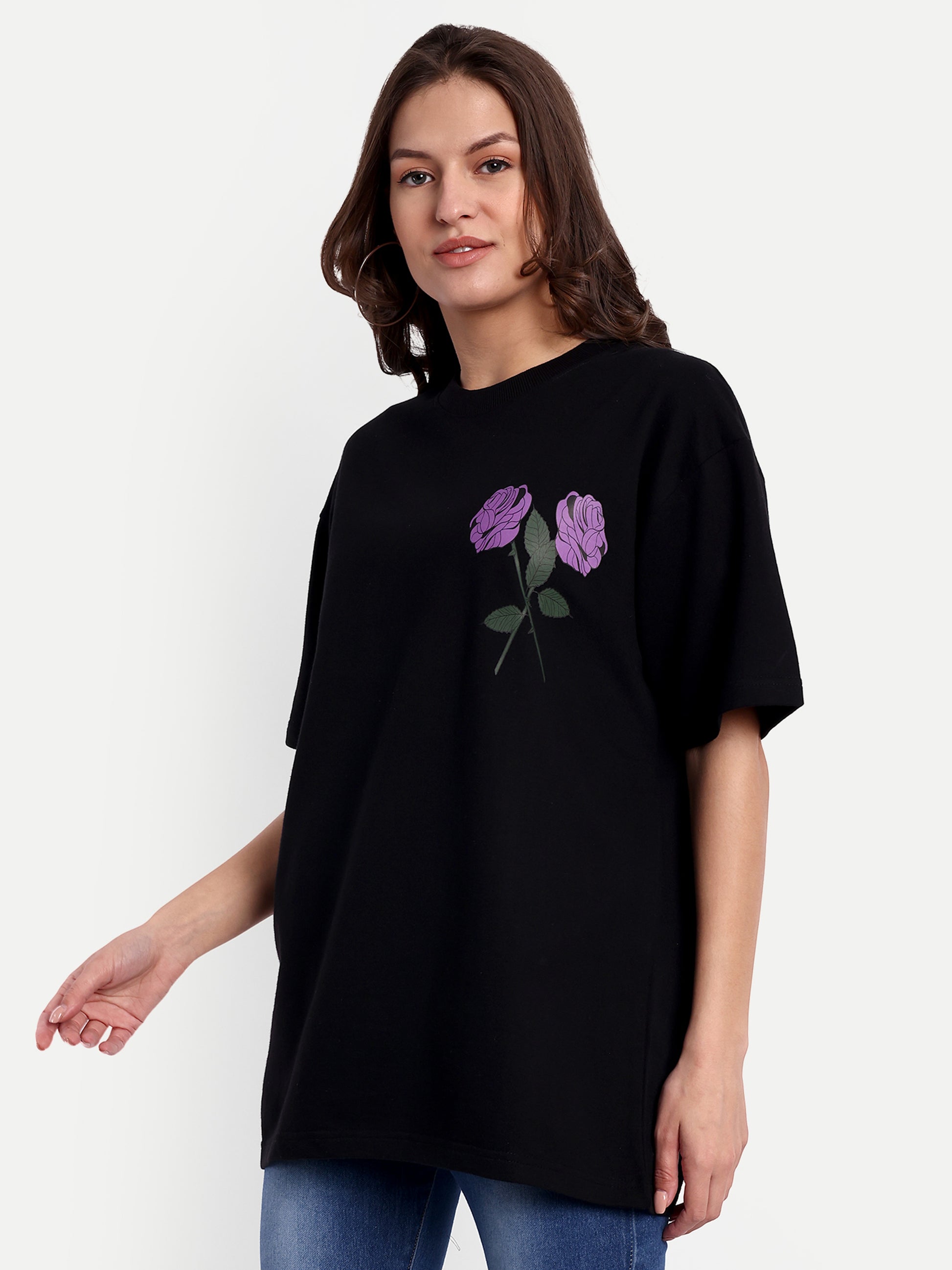 Beauty Purple Rose Black Oversized T-shirt