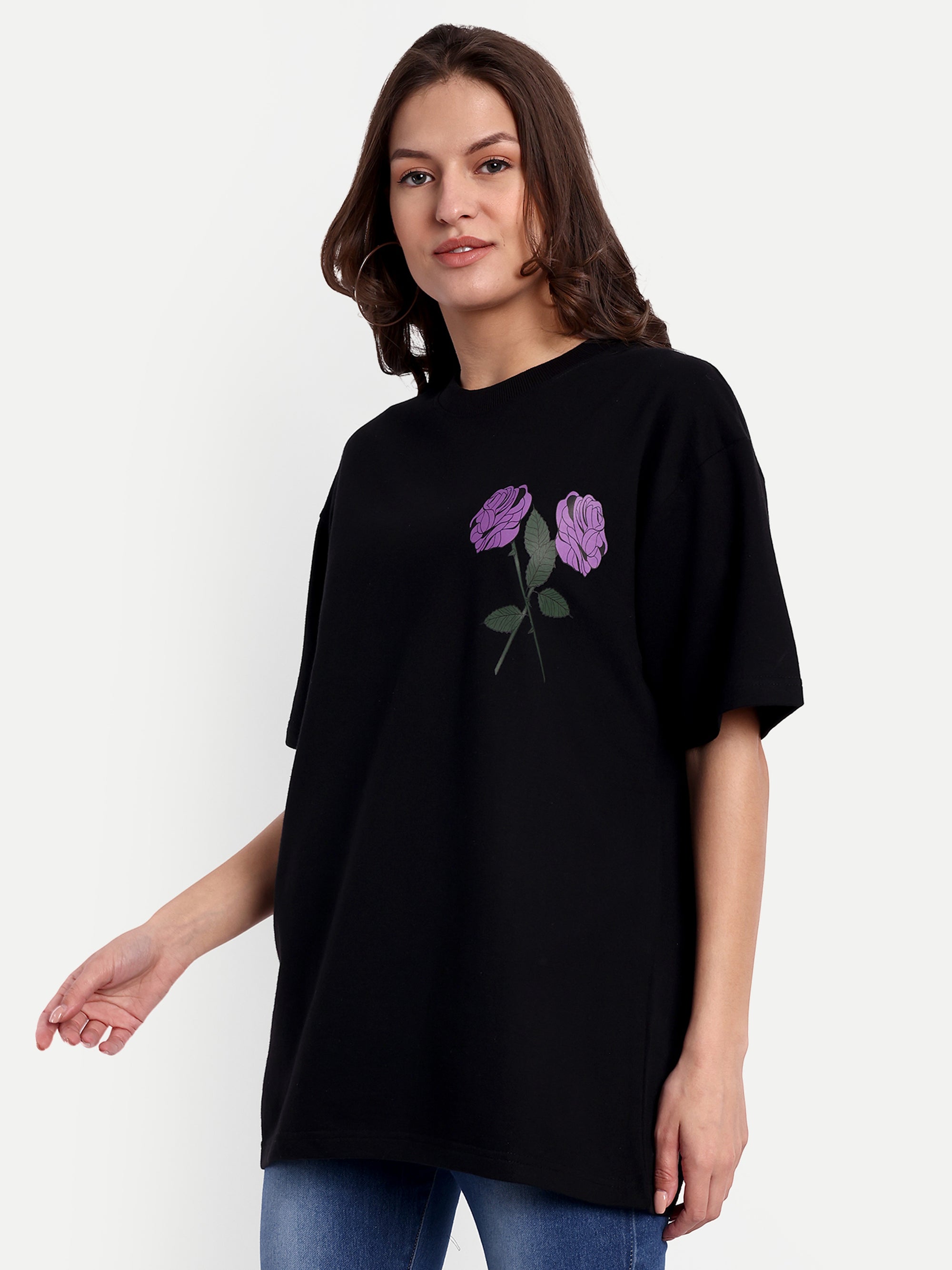 Beauty Purple Rose Black Oversized T-shirt