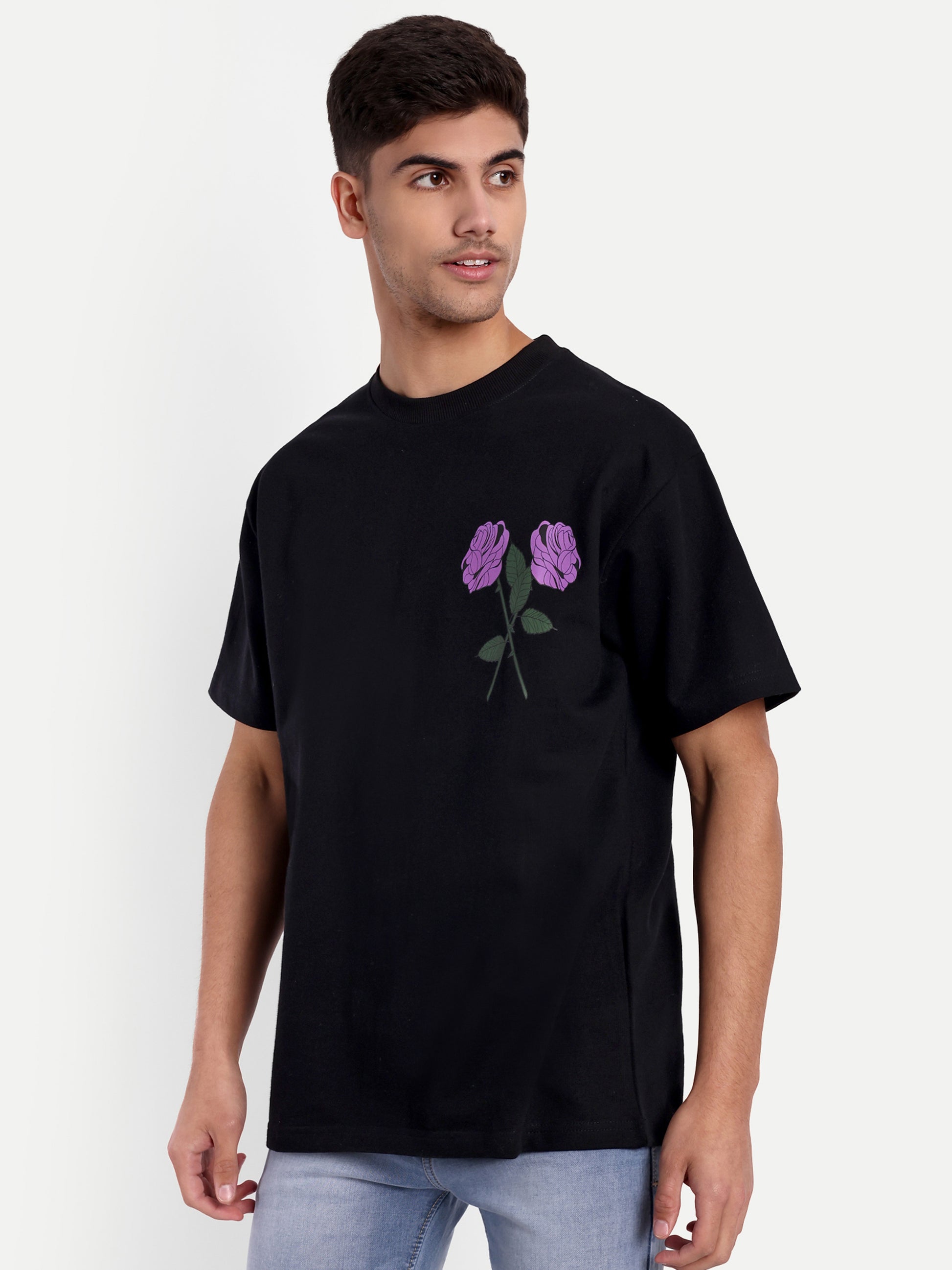 Beauty Purple Rose Black Oversized T-shirt