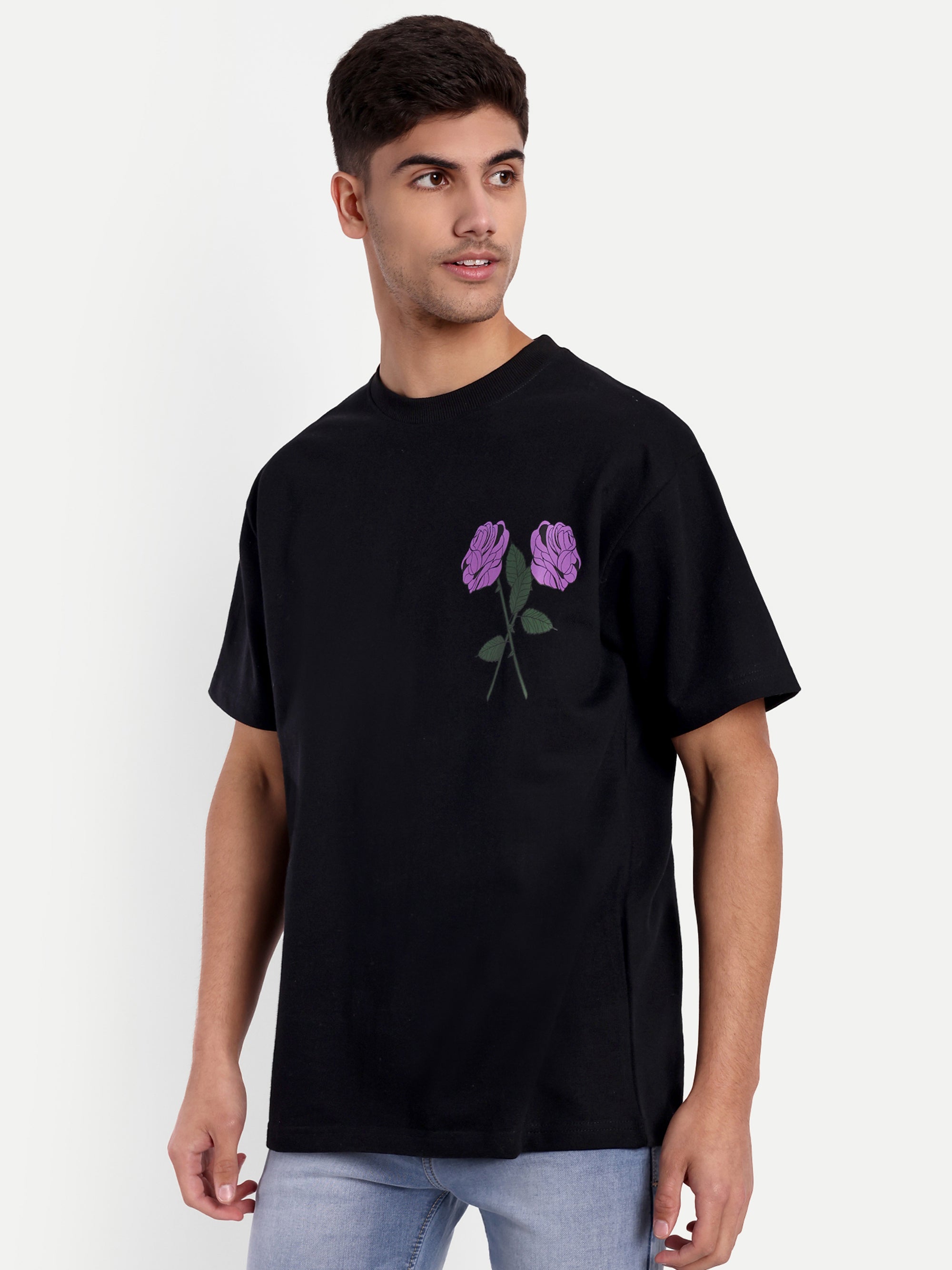 Beauty Purple Rose Black Oversized T-shirt