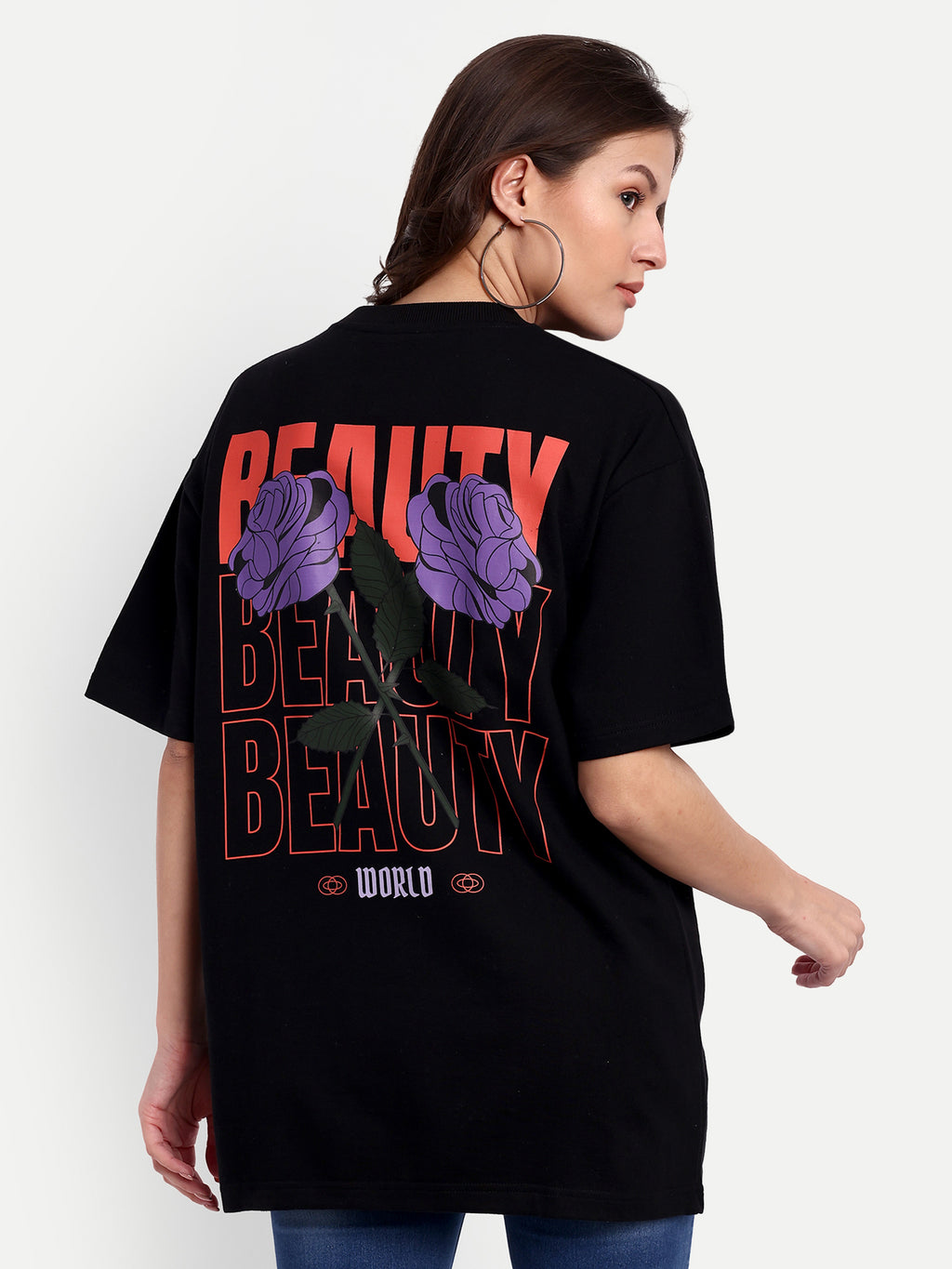 Beauty Purple Rose Black Oversized T-shirt