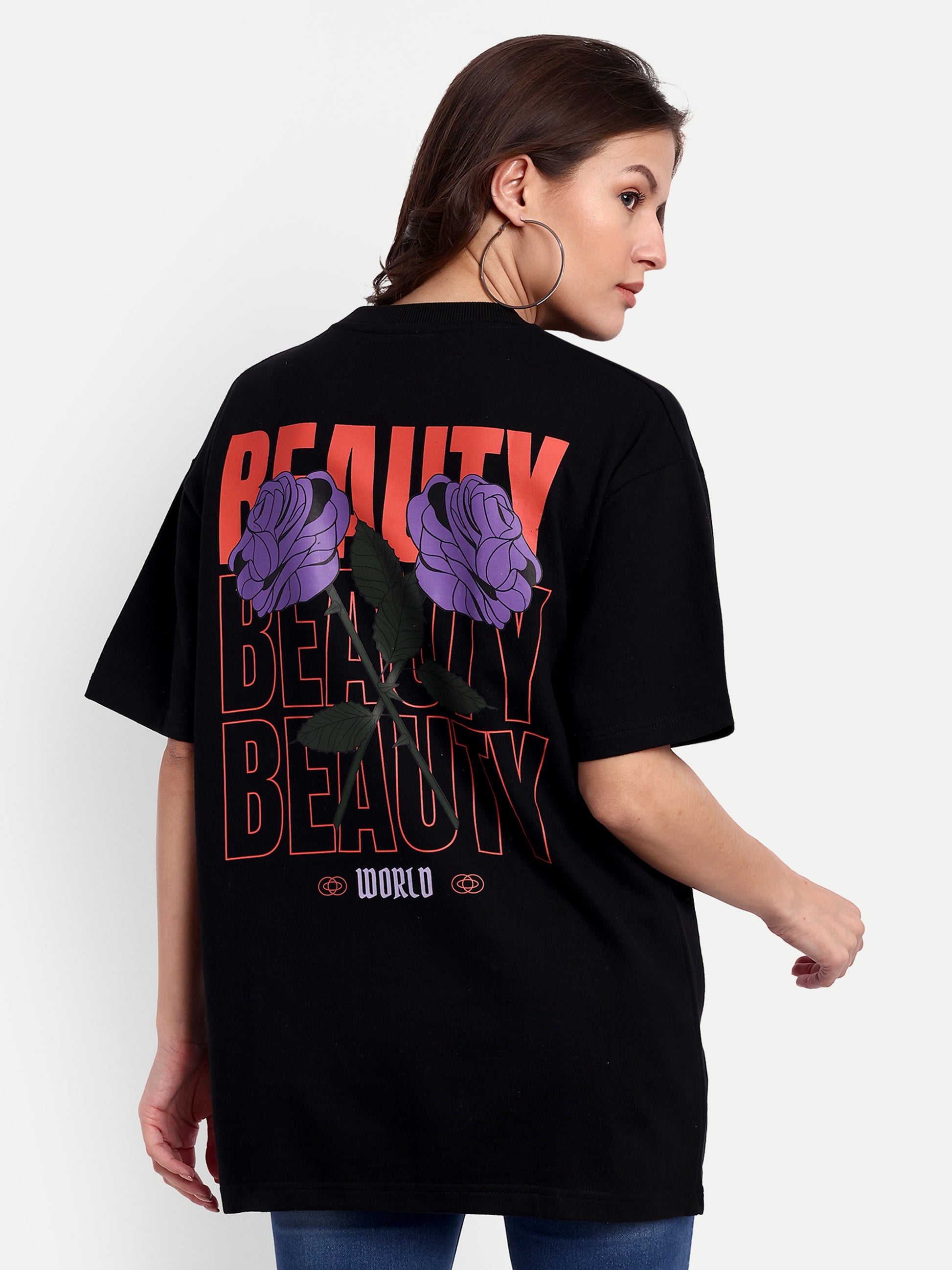 Beauty Purple Rose Black Oversized T-shirt