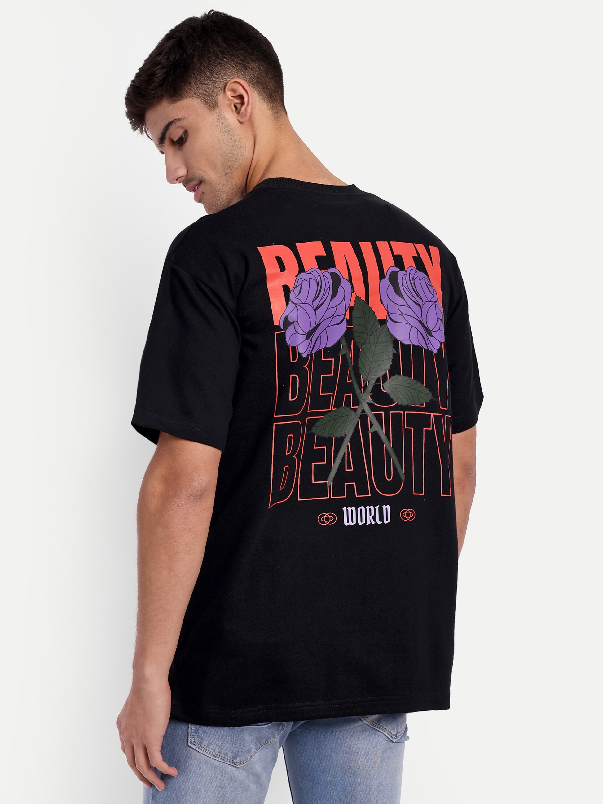 Beauty Purple Rose Black Oversized T-shirt