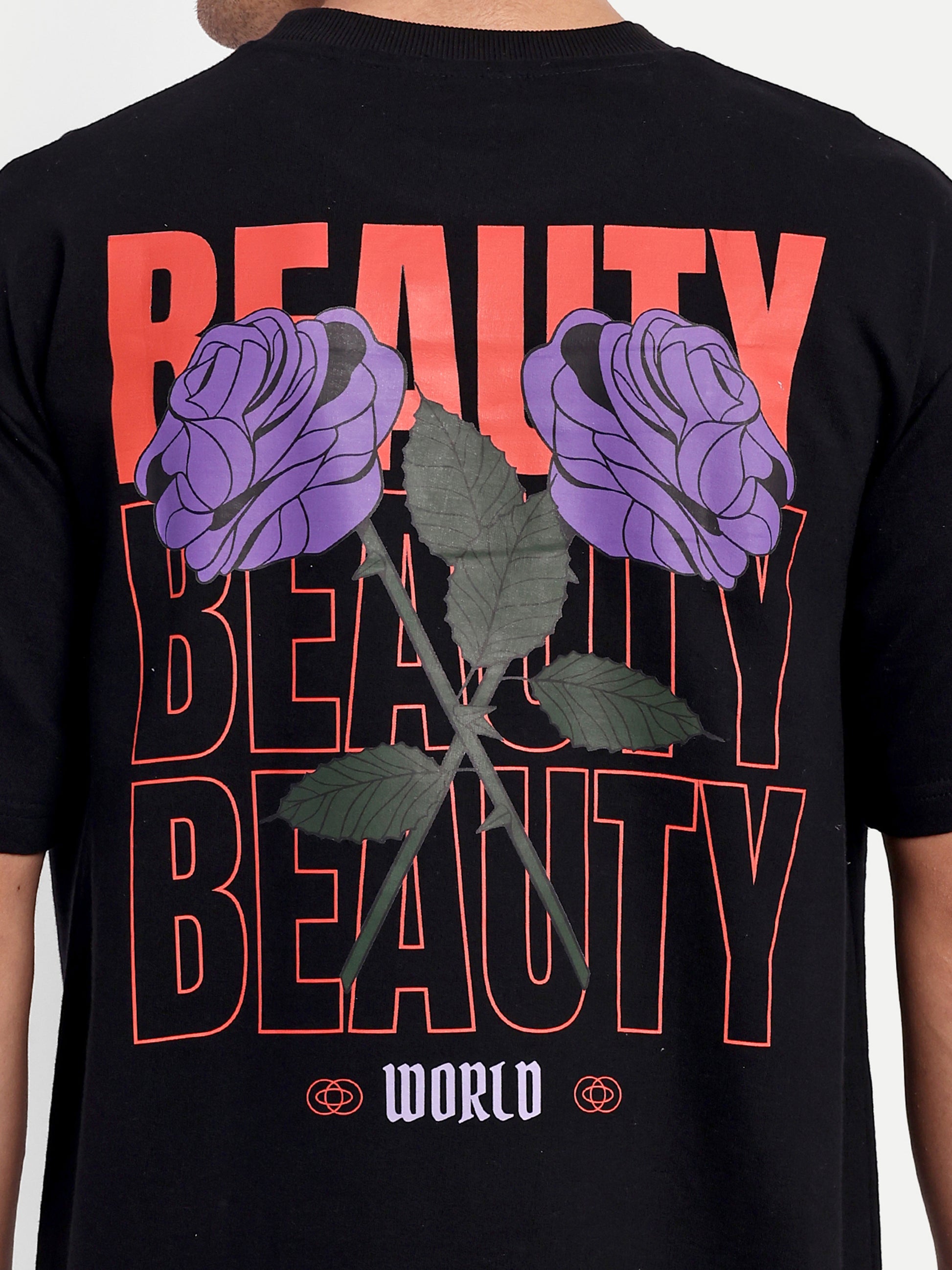 Beauty Purple Rose Black Oversized T-shirt