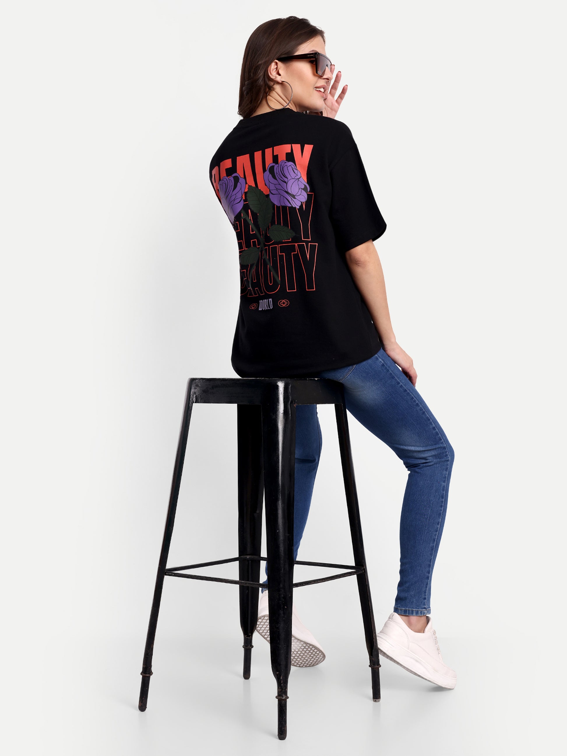 Beauty Purple Rose Black Oversized T-shirt