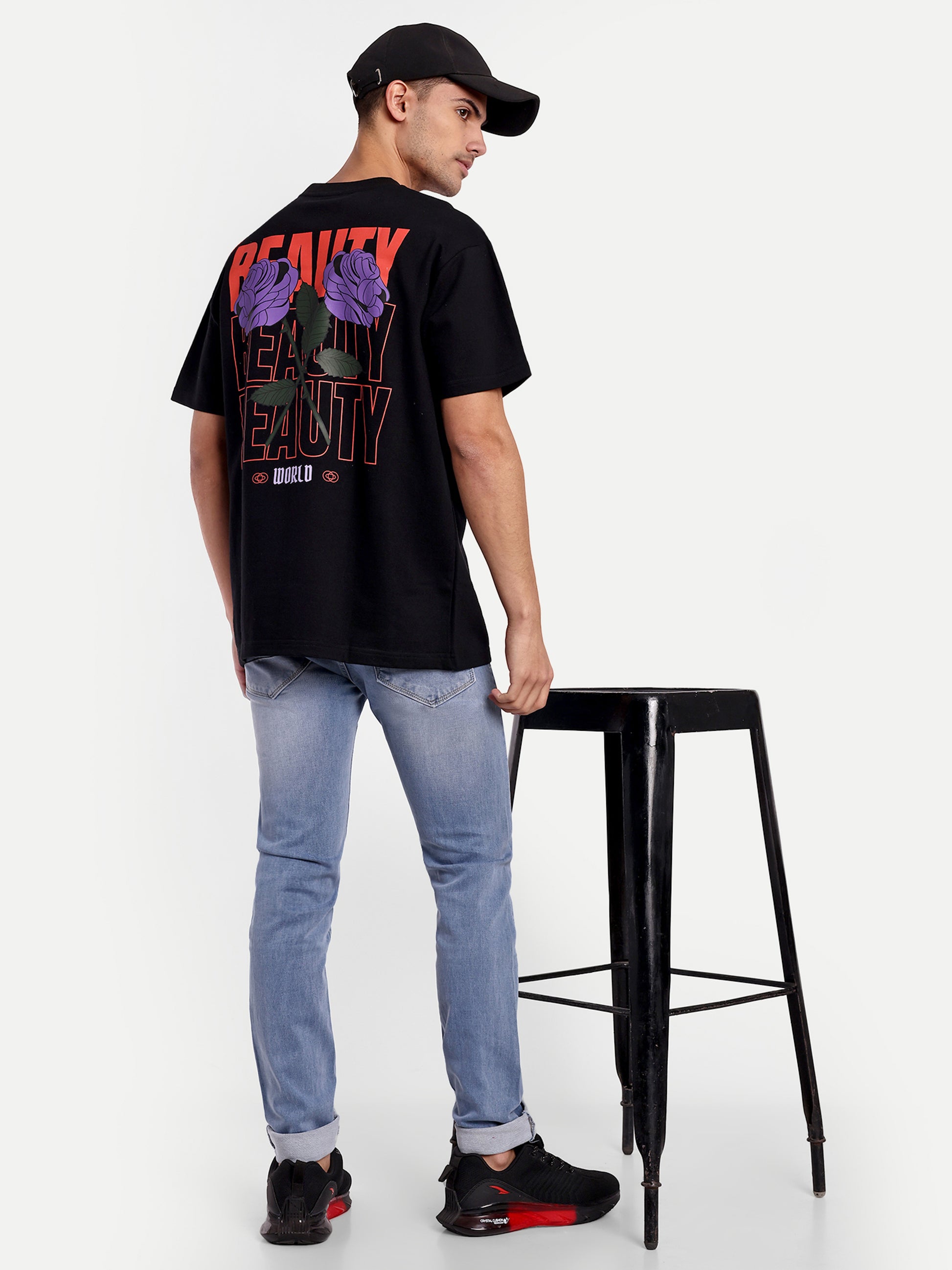 Beauty Purple Rose Black Oversized T-shirt